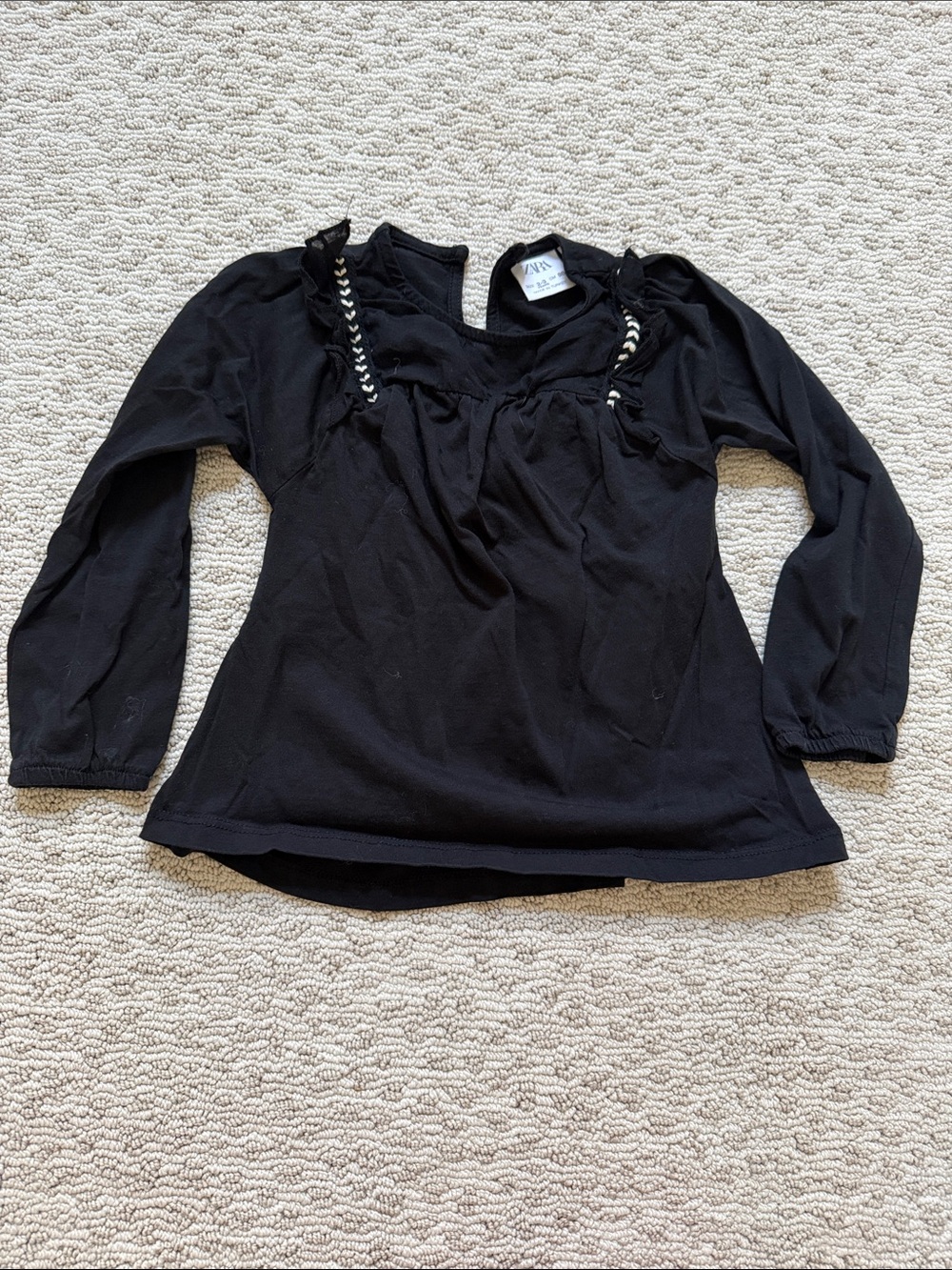 Zara Black Long-Sleeve Ruffle Neck Top with White and black Trim detail